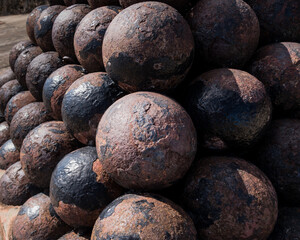 Stack of Ancient Corroded Cannonballs