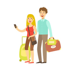 Young couple with travel bags traveling. Colorful cartoon character