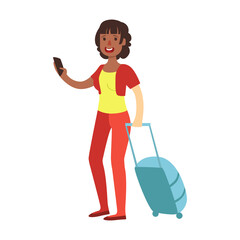 Cheerful brunette woman standing with travel suitcase. Colorful cartoon character
