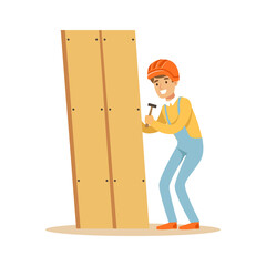 Young smiling carpenter man building new furniture, woodworker character vector Illustration