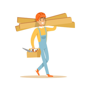 Smiling carpenter carrying box of tools and wooden planks, professional wood jointer character vector Illustration