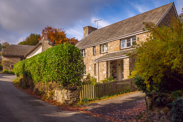 Quiet street in the English countryside. Sunny day. Autumn. Throwleigh. Devonshire. England