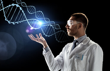 scientist in lab coat and safety glasses with dna
