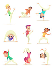 Funny Children practice capoeira movement. Cartoon design character. Vector illustration.