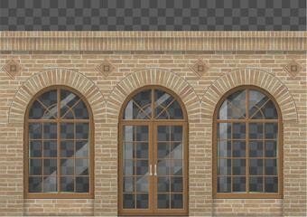 The classic facade is in a retro style of brick sarcas and wooden display cases and doors. Wall of a shop, a station, an office. Vector graphics