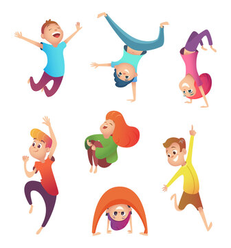 Happy kids in motion. Children in different poses and action. Cartoon Character design.