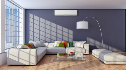 Living room with air conditioning. 3D rendering