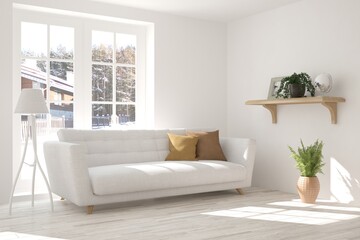 White modern room with sofa. Scandinavian interior design. 3D illustration