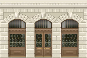 Foto op Canvas Classic facade in retro style of light stone with wooden windows and doors. Wall of a shop, a station, an office. Vector graphics © denisik11
