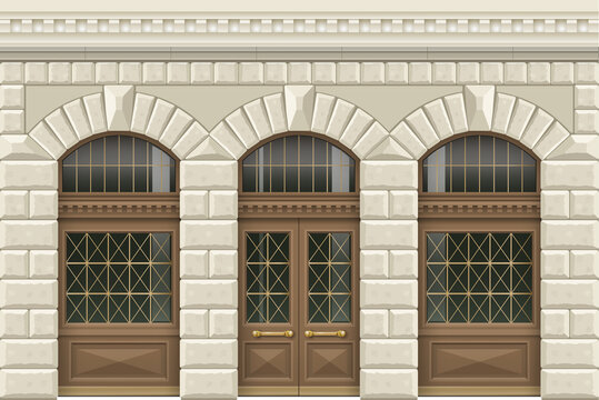 Classic facade in retro style of light stone with wooden windows and doors. Wall of a shop, a station, an office. Vector graphics