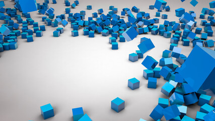 Blue cubes falling on a white isolated surface with a place to place your text 3d illustration