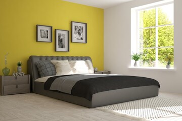 Yellow  bedroom with green landscape in window. Scandinavian interior design. 3D illustration