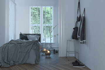 Messy unmade bed in a small white bedroom