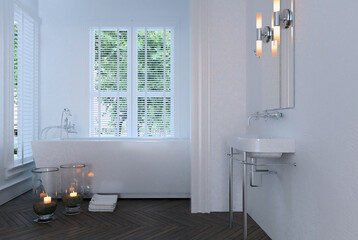 Romantic small white bathroom with burning candles