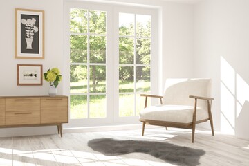 White room with armchair and green landscape in window. Scandinavian interior design. 3D illustration