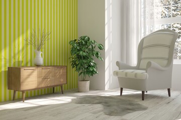 Green modern room with armchair. Scandinavian interior design. 3D illustration