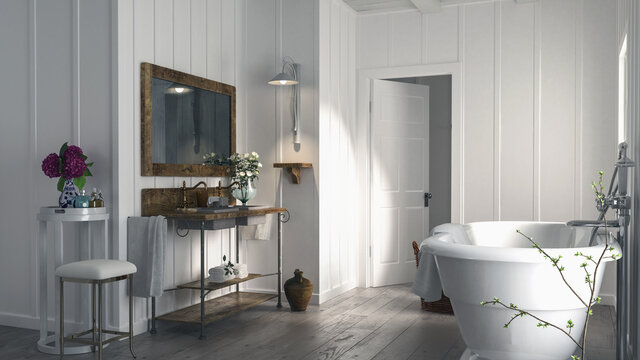 Stylish modern bathroom in a wood panelled house
