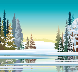 Winter landscape. Early spring. Forest and lake.