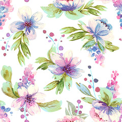 Seamless pattern with watercolor leaves and flowers. Illustration can be used for gift wrapping, background of web pages, as a print for any printing products.