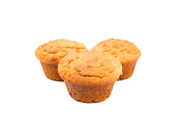 Set of three muffins on white background