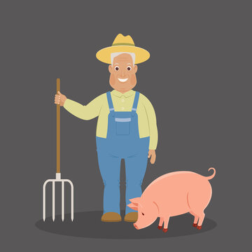 Happy old farmer with pig
