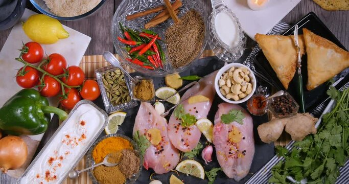Top down zoom out view of ingredients and indian spices for chicken tikka masala
