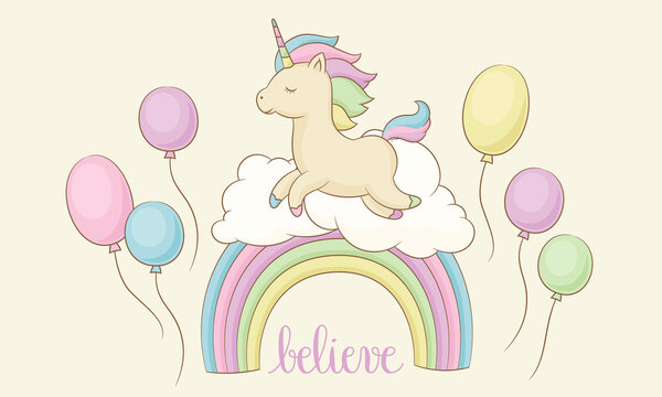 Fototapeta Happy unicorn on the rainbow with clouds and balloons