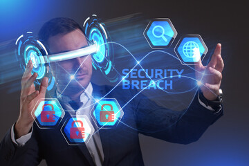 Business, Technology, Internet and network concept. Young businessman working in virtual reality...