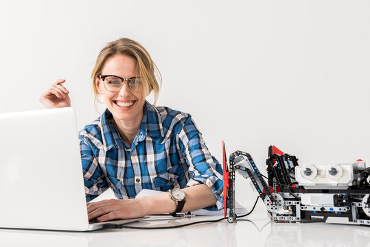 Joyful Young Engineer Female Satisfied With Her Work