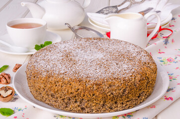 Poppy cake with walnuts and vanilla custard