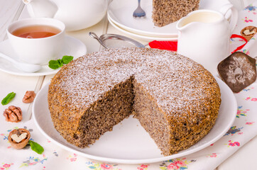 Poppy cake with walnuts and vanilla custard