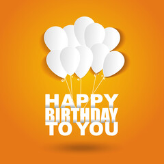 Happy birthday card with flat white letters and ballons on bright background