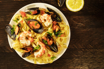 Seafood pasta dish with mussels and shrimps