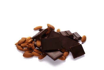 Chocolate bars and almond nuts isolated on white background