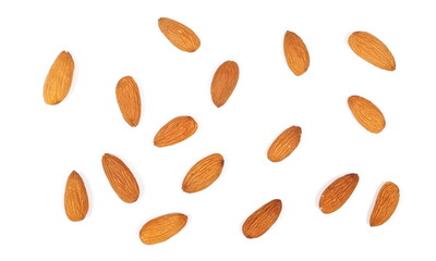 Almond nuts isolated on white background, top view