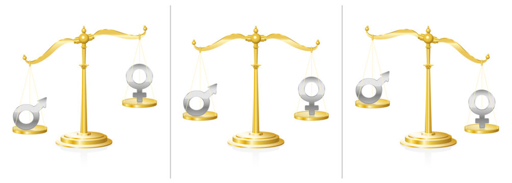 Scale with male and female symbol- balanced and unbalanced - symbol for equality or injustice, unfairness and discrepancy in gender questions - in judicial system, work life or private sphere.