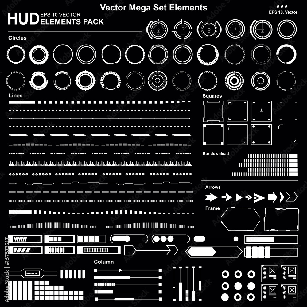 Poster set black and white hud interface elements, lines, circles, pointers, frames for web applications, d