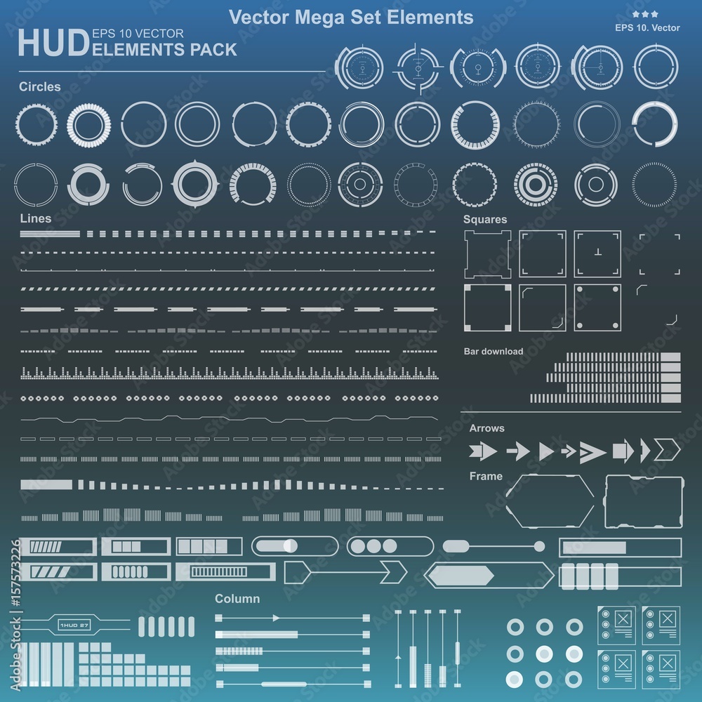 Poster set black and white hud interface elements, lines, circles, pointers, frames for web applications, d