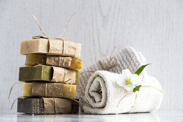 Spa treatments with natural soap and towels