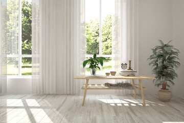 White empty room with green landscape in window. Scandinavian interior design. 3D illustration