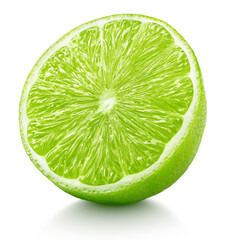 Ripe half of green lime citrus fruit isolated on white background