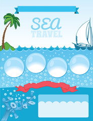 Sea travel template, blue background with bubbles and marine flowers