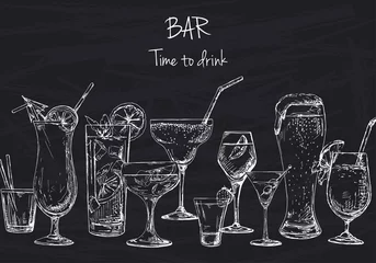 Foto op Plexiglas Background with different cocktails. Drawing chalk on a blackboard. Caption: bar, time to drink. Place on your text. Vector illustration of a sketch style. © arkadiwna