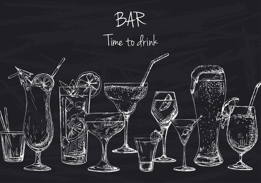 Background with different cocktails. Drawing chalk on a blackboard. Caption: bar, time to drink. Place on your text. Vector illustration of a sketch style.