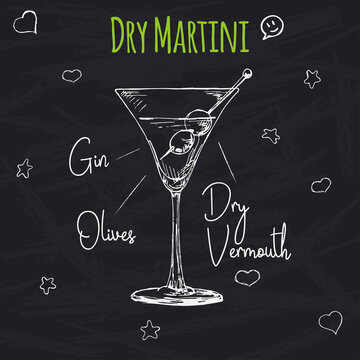 Simple recipe for an alcoholic cocktail Dry Martini. Drawing chalk on a blackboard. Vector illustration of a sketch style.