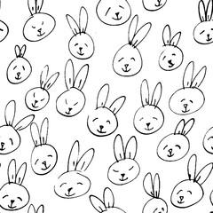 Cute rabbit face pattern. Seamless hand drawn background.