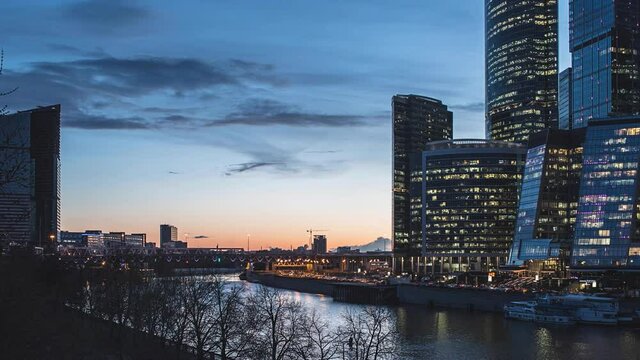 Moscow-city at evening, time lapse, cinemagraph