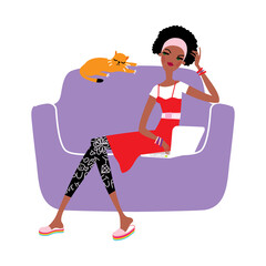 Young black woman sitting in the sofa at home and working at the laptop. Vector illustration