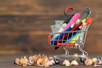 School supplies in shopping cart