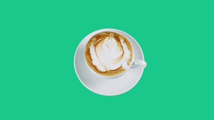 Cappuccino. Cut ready to design banners and advertising. A cup of latte, cappuccino or espresso coffee with milk put on green screen. Latte art milk on top with flowers